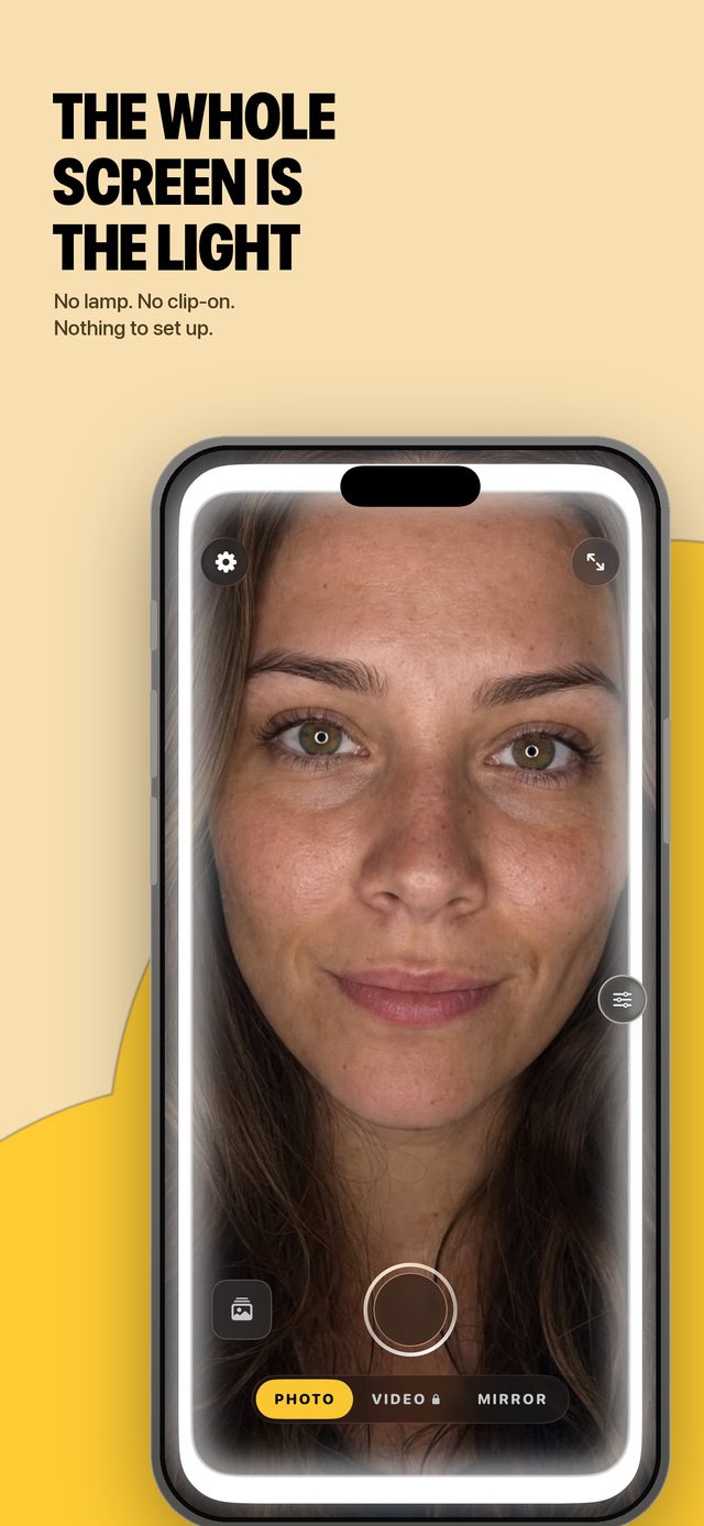 Halora lighting a face from the whole iPhone screen, captioned “The whole screen is the light”.