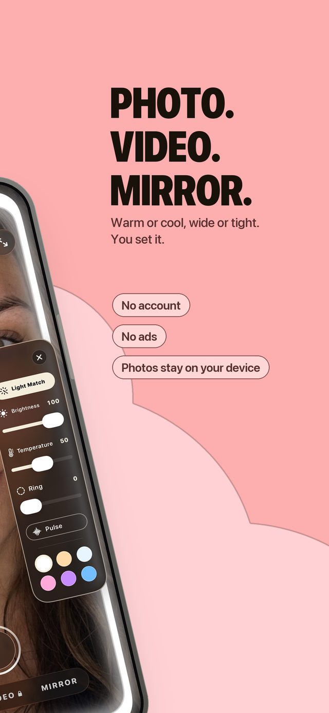 Halora’s three modes, captioned “Photo. Video. Mirror.”, with the notes no account, no ads, photos stay on your device.